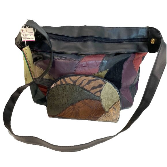 VTG Michael Stevens Leather Patchwork Shoulder Bag w/ Matching Makeup Bag NEW - Picture 1 of 16